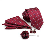 ZONFAZ Solid Polka Dot Striped Necktie Pocket Square Cufflinks Brooch Pin Corsage Flower Set