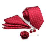 ZONFAZ Solid Polka Dot Striped Necktie Pocket Square Cufflinks Brooch Pin Corsage Flower Set