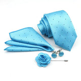 ZONFAZ Solid Polka Dot Striped Necktie Pocket Square Cufflinks Brooch Pin Corsage Flower Set