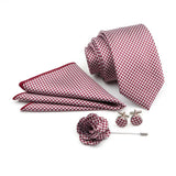 ZONFAZ Solid Polka Dot Striped Necktie Pocket Square Cufflinks Brooch Pin Corsage Flower Set