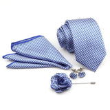 ZONFAZ Solid Polka Dot Striped Necktie Pocket Square Cufflinks Brooch Pin Corsage Flower Set