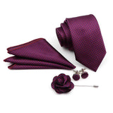 ZONFAZ Solid Polka Dot Striped Necktie Pocket Square Cufflinks Brooch Pin Corsage Flower Set