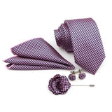 ZONFAZ Solid Polka Dot Striped Necktie Pocket Square Cufflinks Brooch Pin Corsage Flower Set